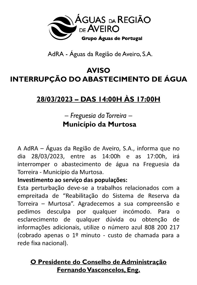 AVISO DE INTERRUPÇÃO DE ABASTECIMENTO DE ÁGUA – ÁGUAS DA REGIÃO DE AVEIRO