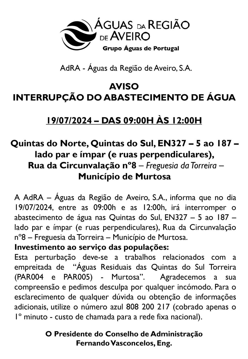 AVISO - INTERRUPÇÃO DO ABASTECIMENTO DE ÁGUA - 19/07/2014