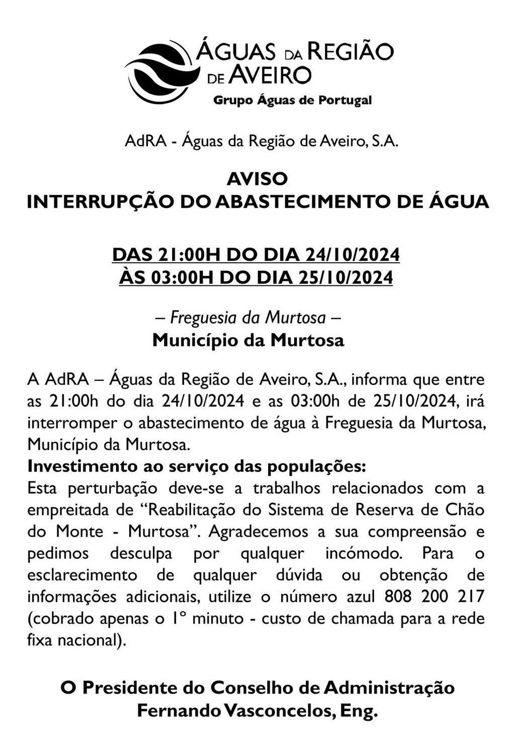 AVISO - INTERRUPÇÃO ABASTECIMENTO DE ÁGUA